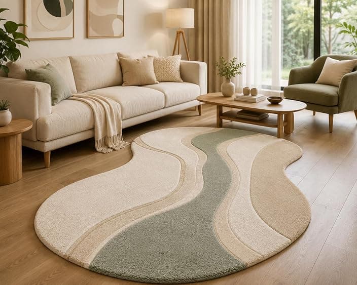Sage and ivory organic wool rug in a warm sunlit living room
